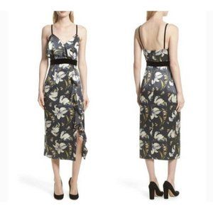 Cinq a Sept Leena Silk Floral Ruffle Trim Midi Sheath Dress Sz 6